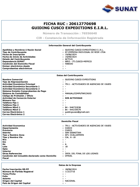 Ficha RUC Guiding Cusco Expeditions