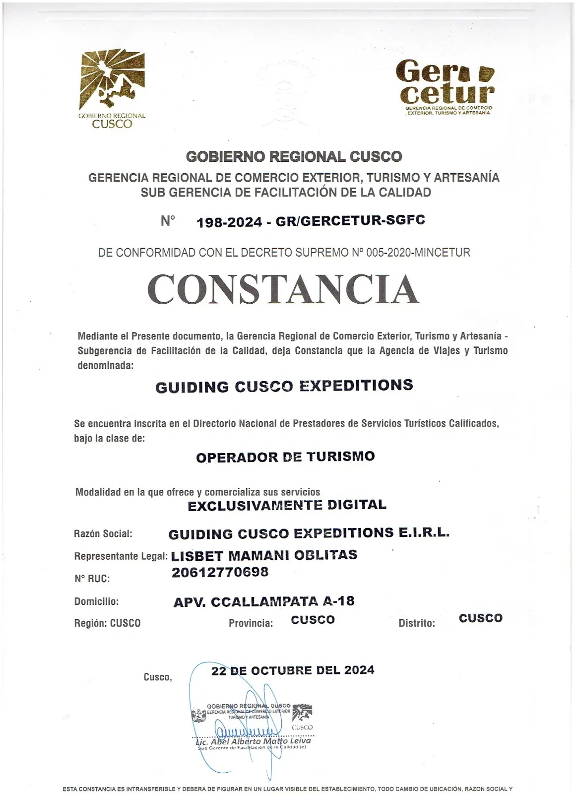 GERCETUR Certificate