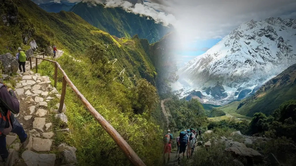 Combinación de paisajes del Nevado Salkantay y ruinas del Camino Inca Clásico.