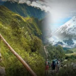 Combinación de paisajes del Nevado Salkantay y ruinas del Camino Inca Clásico.
