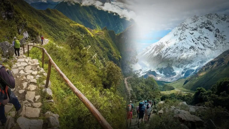 Combinación de paisajes del Nevado Salkantay y ruinas del Camino Inca Clásico.